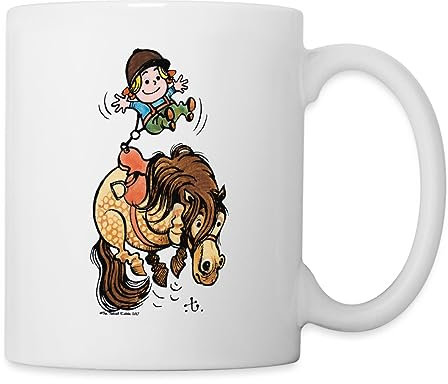 Spreadshirt Thelwell Reiter Mit Gurt Und Buckelndes Pony Tasse, One size, Weiß