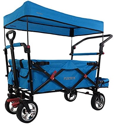 FUXTEC Bollerwagen faltbar FX-CT800 Türkis mit Dach | Transportwagen klappbar | Schiebegriff & Innenraumverlängerung | Feststellbremse | Vollprofilreifen | Handwagen/Leiterwagen – Das Original