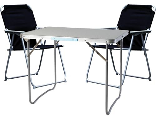 Mojawo 3tlg. Campingmöbel Set Alu Camping L80xB60xH68cm 1x Campingtisch mit Tragegriff + 2 Campingstühle Schwarz