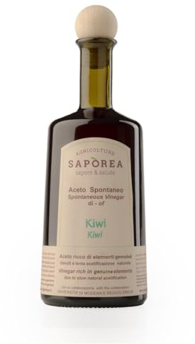 Vinaigre de kiwi biologique obtenu par acétification naturelle lente à partir du jus de kiwi Gonden Soreli; non pasteurisé, non filtré, sans additifs chimiques