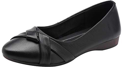 rismart Women's Leather Ballet Pumps Slip on Low Wedge Comfortable Work Shoes SN02549(Black,2.5 UK)