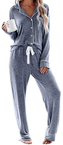 Aamikast Women's Two-piece Classic knit Pajama Sets Long Sleeve Button Down Sleepwear (L, Lake Blue)