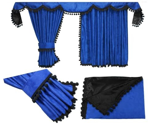 Adomo LKW Gardinen für Man TGX XLX in blau-schwarz Pompoms/Kugel