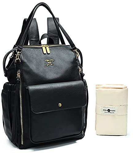 MISS FONG Wickeltasche Rucksack, Babytaschen mit Wickelunterlage, Leder Baby Wickelrucksack Wickeltasche für Mama und Papa Kinderwagengurte, isolierte Taschen - Schwarz