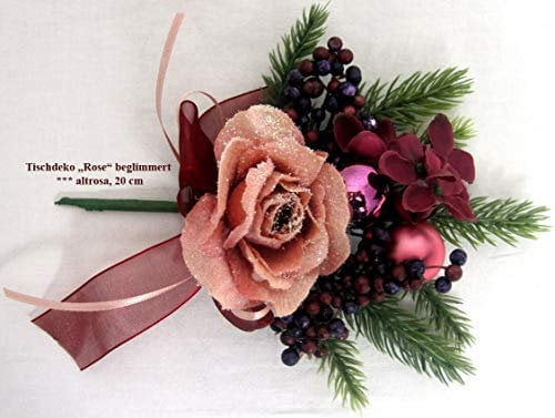 Christmas Table Decoration Rose Glitter Bordeaux Green Approx. 20 cm