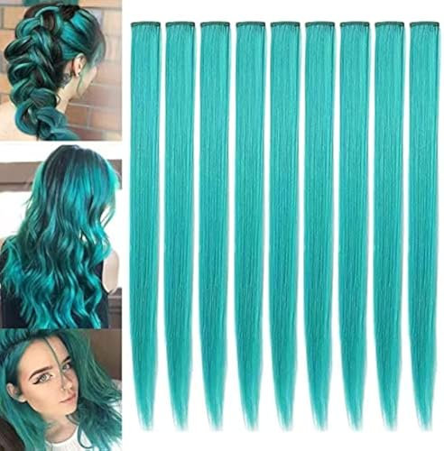 XIRRWWH 9 Stück 21 Zoll Perückenteile für Damen Gerade Clip In Auf Kunsthaarverlängerungen, Party Highlights Mehrfarbige Haarschmuck Haarteile (Türkis)