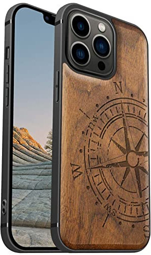 Carveit Magnetic Wood Case for iPhone 13 Pro - Hard Real Wood & Soft TPU - Shockproof Hybrid Protective Cover - Unique & Classy Wooden Case - Compatible with MagSafe (Vintage Compass-Walnut)