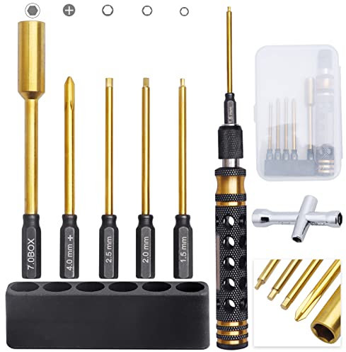 AllinRC 1.5mm 2m 2.5mm Hex Bit Set Allen Wrench Drill Bits Hex Nut Driver 7mm, Phillips Screwdriver Bit, with Handle and Wheel Wrench for 1/10 Scale RC Cars Trucks Models