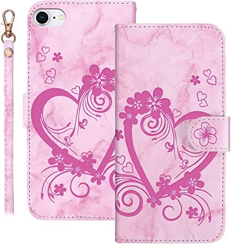 Bartern Coque Apple iPhone SE 2020/SE 2022 Rabat,Housse iPhone 8/7 Clapet,Aimer/Cœur+Fleurs Portefeuille Etui avec Fonction Support et Porte-Carte,Marbrure Cuir PU Flip Cover Case.Rose
