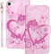 Bartern Coque Apple iPhone SE 2020/SE 2022 Rabat,Housse iPhone 8/7 Clapet,Aimer/Cœur+Fleurs Portefeuille Etui avec Fonction Support et Porte-Carte,Marbrure Cuir PU Flip Cover Case.Rose