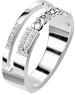 Paula & Fritz® Ring Damen Doppelring 15 klare Zirkonia Kette 316L Chirurgenstahl Größe 57 (18,1) 6-mm Breit Silber Herren-Ring Partnerring Ehering