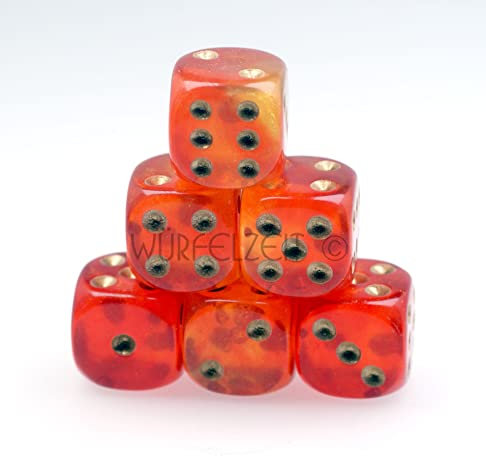Würfelzeit 7486 - Würfelset W6 16 mm Cosmoo orange m/Gold (12 Würfel im Polybeutel)