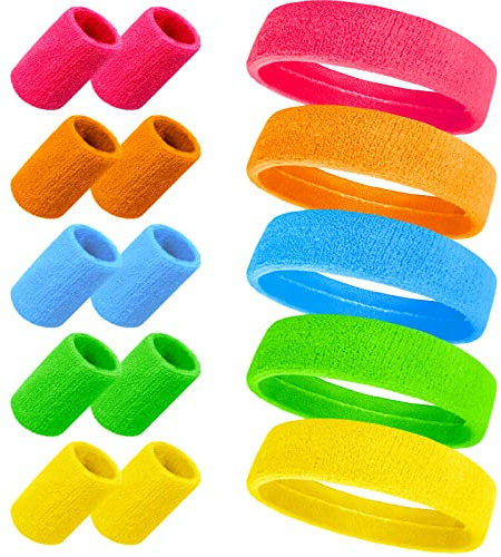 15 Stück 80er 90er Jahre Schweißband Neon Stirnband und Armband, 5 Hell Farben Sport Schweißband, Absorbierendes Frottee Schweißband für Retro 80er 90er Party Karneval Laufen Joggen Tennis