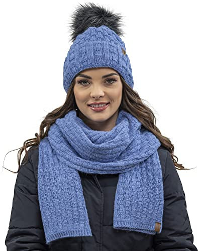VIVISENCE Trendige Damen Winter Bommelmütze Mit Weichem Vlies-Innenfutter Aus Wärmendem Garn Antistatische Eigenschaften Perfekte Passform Für Kalte Wintertage Modisches Design, Denim,Einheitsgröße