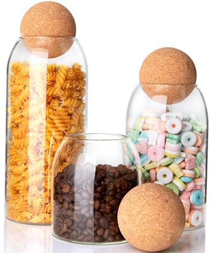 3Pcs Glass Storage Container with Round Ball Cork,Coffee Bean Jar Cork Clear Stripe Glass Bottles with Canisters for Food, Coffee, Sugar, Spice, Tea,DIY (Clear)