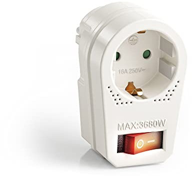 Adaptador de Enchufe con Interruptor de Encendido/Apagado, 1x Enchufe Schuko, 16A / 250V AC, 3680 vatios, Blanco