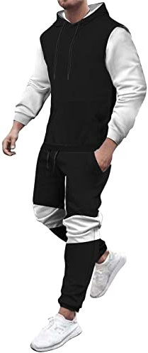 QWUVEDS Herbst- und Wintermode für Herren, Freizeit, Sport, Nähte, Kollisionsfarbe, mit Tasche, Flauschiger Kapuzenpullover, Kapuzenhose, Zwei Sets Anzug Gestreift Herren