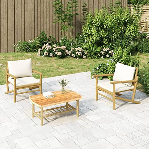 Yolola Gartenmöbel Set Bambus Gartenlounge Loungemöbel Terrasse Garten Lounge Sofa Balkonlounge Sitzgruppe Garten Sofagarnitur-Cremeweiß-2x Stuhl + Tisch