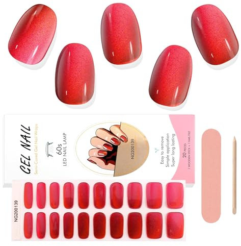 EBANKU 20PCS Gel Nail Stickers, Chrome Red Gel Nail Strips Long Lasting Gel Strips for Nails UV Gel Nail Stickers with Nail File & Wooden Stick for Women Manicure