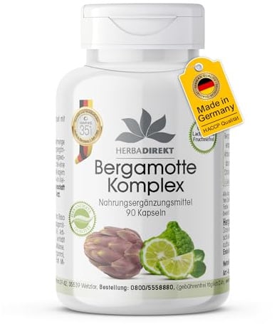 Complesso di bergamotto - 90 capsule con carciofo e colina - qualità da farmacia tedesca - alto dosaggio - vegano | Herba Direkt - Qualità da farmacia tedesca