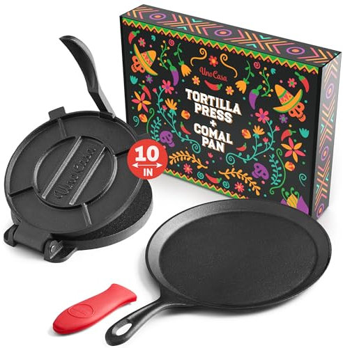 Uno Casa Cast Iron Tortilla Press 10 Inch with Cast Iron Comal Pan - Bundle of Cast Iron Tortilla Skillet for Roti Pan, Tawa Pan, Dosa Pan Pataconera, Comales para Tortillas