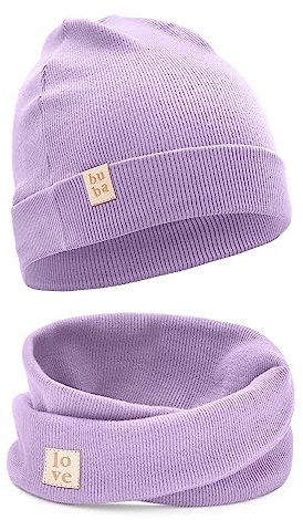Bubalove Mützen und Schalset für Jungen, Mädchen, baby, Größen 0mc bis 12 Jahre+ viele Farben, Frühlings-, Herbstsets, Baumwollmützen, handgenäht (52-56, violett)