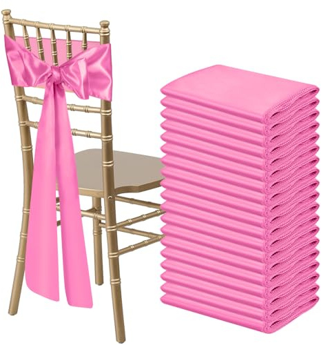 Bouiexye 50 PCS Pink Satin Chair Sashes Bows Universal Chair Ribbon Ties Back Sash for Wedding Party Reception Events Banquets Hotel Event Chair Cover Decoration (7x108 inch)