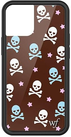Wildflower Cases – Cross Bones Hülle, kompatibel mit Apple iPhone 13 Mini, trendy, braun, weiß, Pirat, Totenköpfe, Geschenk, schützender schwarzer Stoßfänger, 1,2 m Falltest-zertifiziert, kleines