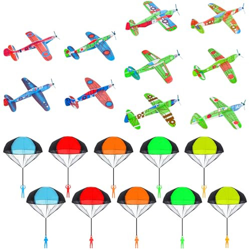 Lucywey 20 Stück Fallschirmspringer Spielzeug Gleitflugzeuge Set, Flugspielzeug Fallschirm, Styroporflieger Flugzeuge, Kleine Geschenke für Kinder, Mitgebsel Kindergeburtstag Gastgeschenke