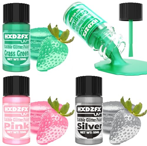 Edible Glitter Paint - 3 Colours Food Colouring Metallic Paint, Metallic Edible Cake Paint for Cake Decorating, Baking, Cookie, Sweets, Drinks, Chocolates (10ml per Bottle)