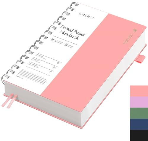 EMSHOI Notizbuch A5 Gepunktetes, Bullet Dotted Journal mit Spiralbindung, 300 Seiten/150 Blatt, 100 gsm Premium-Papier, PVC-Hardcover – Ideal für Damen, Herren, Büro & Schule, 14,5 x 21 cm, Rosa