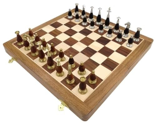 Casa Padrino Luxus Schach Set Braun/Beige/Silber/Gold 40 x 40 cm - Zusammenklappbares Holz Schachspiel - Holz Schachbrett mit Messing Schachfiguren - Luxus Deko Accessoires