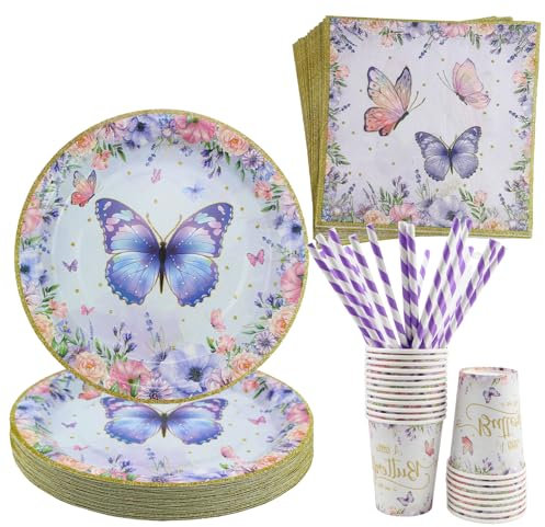 80 Pezzi Stoviglie per Feste di Compleanno Farfalla, Set di Stoviglie di Farfalla, Stoviglie per Feste Farfalla Tema Compleanno Bambina con Cannucce, Piatti, Carta Tazza, Velina per 20 Ospiti
