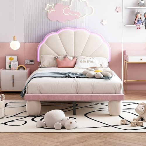PUGSDRLY Lit Enfant 90x200cm,Lit 1 Place avec Tête de Lit en Forme de Ondulée et Bande LED,Lit Rembourré avec Sommier à Lattes,Cadre de Lit pour Adolescent,sans Matela (LIT-A)
