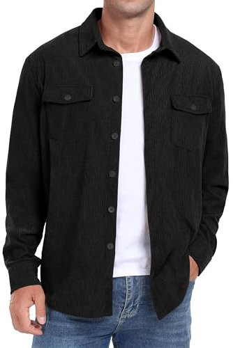 QIXING Men's Corduroy Button Down Shirts Long Sleeve Shacket Trucker Jacket Autumn Winter Coats with Flap Pockets (Black, L)