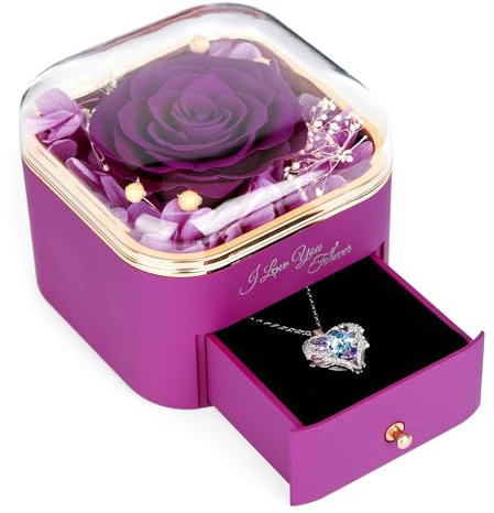 Ewige Rose, Infinity Rosen mit Kette Halskette Echte Rosen Schmuck Box, Konservierte Rose Blumen Schmuck Geschenkbox zum Valentinstag Muttertag Hochzeit Jahrestag Geburtstag Geschenk für Frauen, Lila