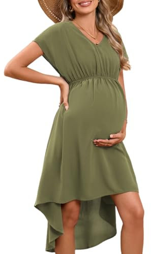 Robe de maternité d'été à manches courtes pour femme - Taille haute - Col en V - Robe trapèze, vert, M