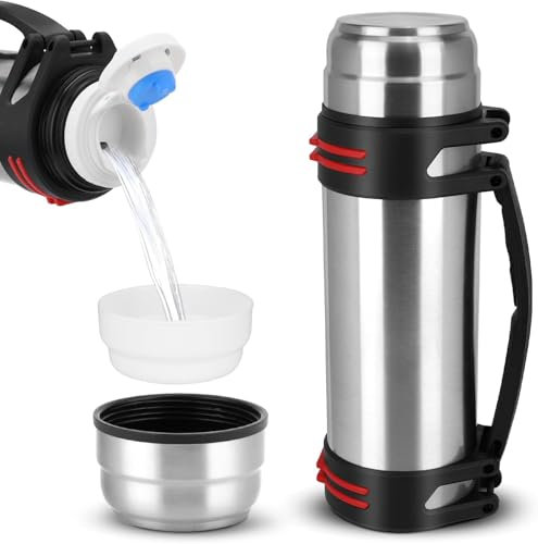 PZJFH Thermoskanne 2.5L, Thermoskanne Edelstahl Kalt Warm, BPA-freie Isolierflasche mit 2 Trinkbecher, Doppelwandisolierung Thermosflasche mit Schultergurt und Handle für Sport, Fitness