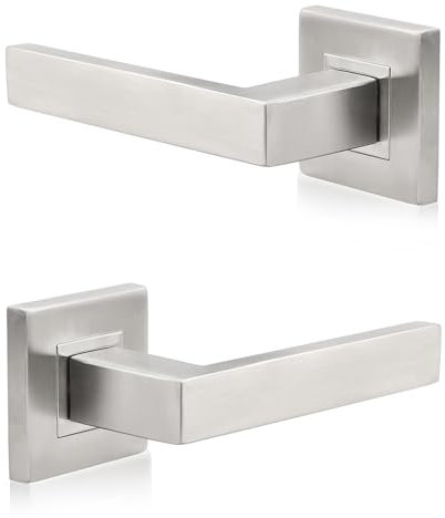 Probrico Passage Door Handles Satin Nickel Handles Lever On Square Rose,Door Handle Set for Internal Wooden Doors Ideal for Home and Office,2 Pack