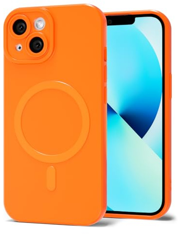 Svanove for iPhone 13 Mini Phone Case Silicone Magnetic, Compatible with Magsafe Case Cute for Women, Girly Bright Color Glossy Jelly Thin Slim Hard Mag Safe Rubber & Camera Cover, Neon Orange