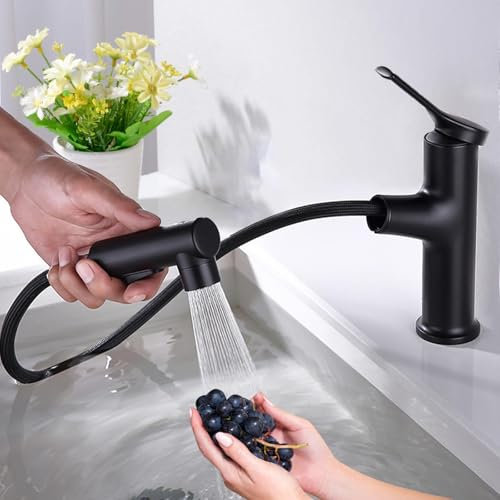 Robinet Cuisine Douchette, Extensible Mitigeur Cuisine, Robinet Evier de Cuisine avec 3 Types de Jet, Rotatif à 360° Robinet Cascade pour Salle de Bain, Cuisine (Noir)