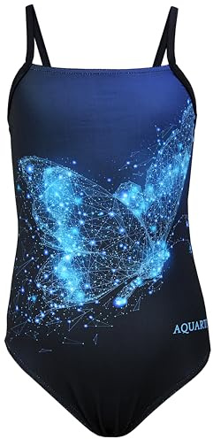 Aquarti Mädchen Badeanzug | Schwimmanzug mit Spaghettiträgern Streifen Sport Chlorresistent Print