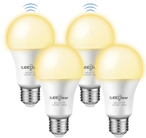 ILEEDear LED Glühbirne E27 mit 5,8 GHz Radar-Bewegungsmelder, 11W Warmweiß 3000K – für Terrasse, Garten, Eingang & Flur (4er Set)
