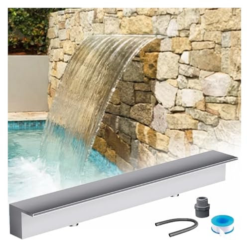 waterfall Custom Waterfall Overflow for Pool Garden Ponds, Modern Water Feature Decor Fountain Spillway Kit Wall Embedded, One Piece Stainless Steel Waterfall Runoff Outlet(Silver,Outlet Wide 200cm)