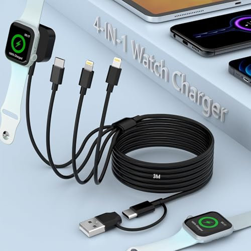 4-in-2 Travel Multi Charger Cable, 3 M/10FT Extra Long USB A/C Charging Cable with iWatch Charger+IP*2+Type C Port for Apple Watch Series 9/8/Ultra/7/6/5/SE/iPhone 16/15/14/13/12/Samsung/iPad, Black