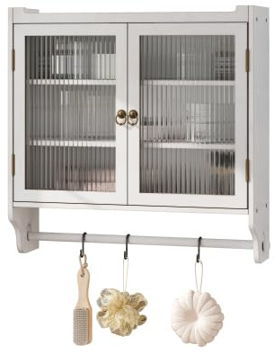 HAINEW Moderner Hängeschrank Küchenschrank Wandschrank mit 2 Glastüren und Hängestange, Holz und Glas Badschrank Sideboard Hängend Medizinschrank für Küche Bad, 63×18×60cm (Weiß)