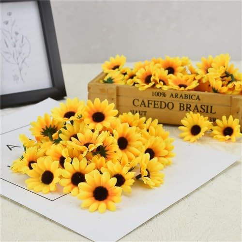 Yjemle Gelbe künstliche Blütenköpfe, Mini-Sonnenblumen, dekorative Stoffblumen, Basteln, Blumenverzierungen für Kränze, Hochzeit, künstliche Blumen, Heimdekorationsprodukte, 100 Stück