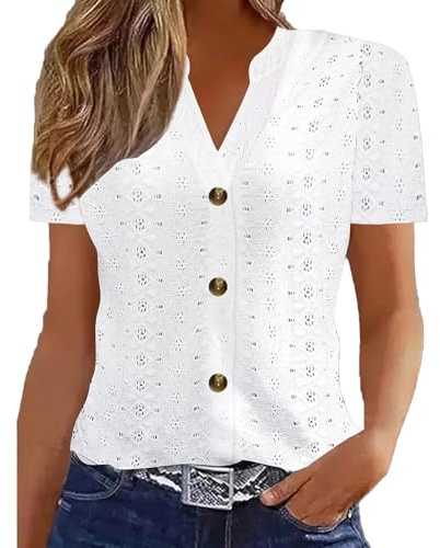 Womens Tops UK Causal Breathable V Neck Short Sleeve Blouses Elegant Eyelet Embroidery T-Shirt Women's Summer Tops Comfort Button Down Going Out Top Slimming Fit Top Vintage Tshirts