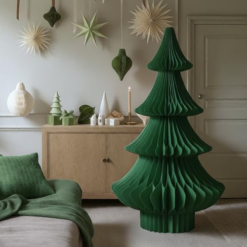 Spiareal 36 Inch Olive Green Large Honeycomb Paper Christmas Tree Centerpiece Tabletop 3 FT Foldable Xmas Table Decorations Magnetic Design for Holiday Party Office Farmhouse Rustic Decor