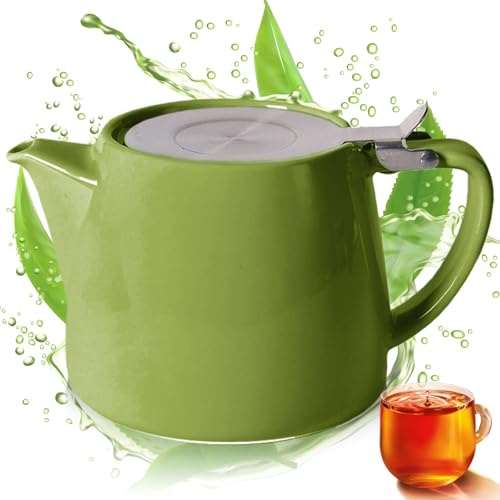 Teekanne mit Siebeinsatz 500ml, Keramik Teekanne Grün mit Herausnehmbarem Edelstahl-Teesieb, Porzellan Teekannee für Losen Tee und Teebeutel (Grün)